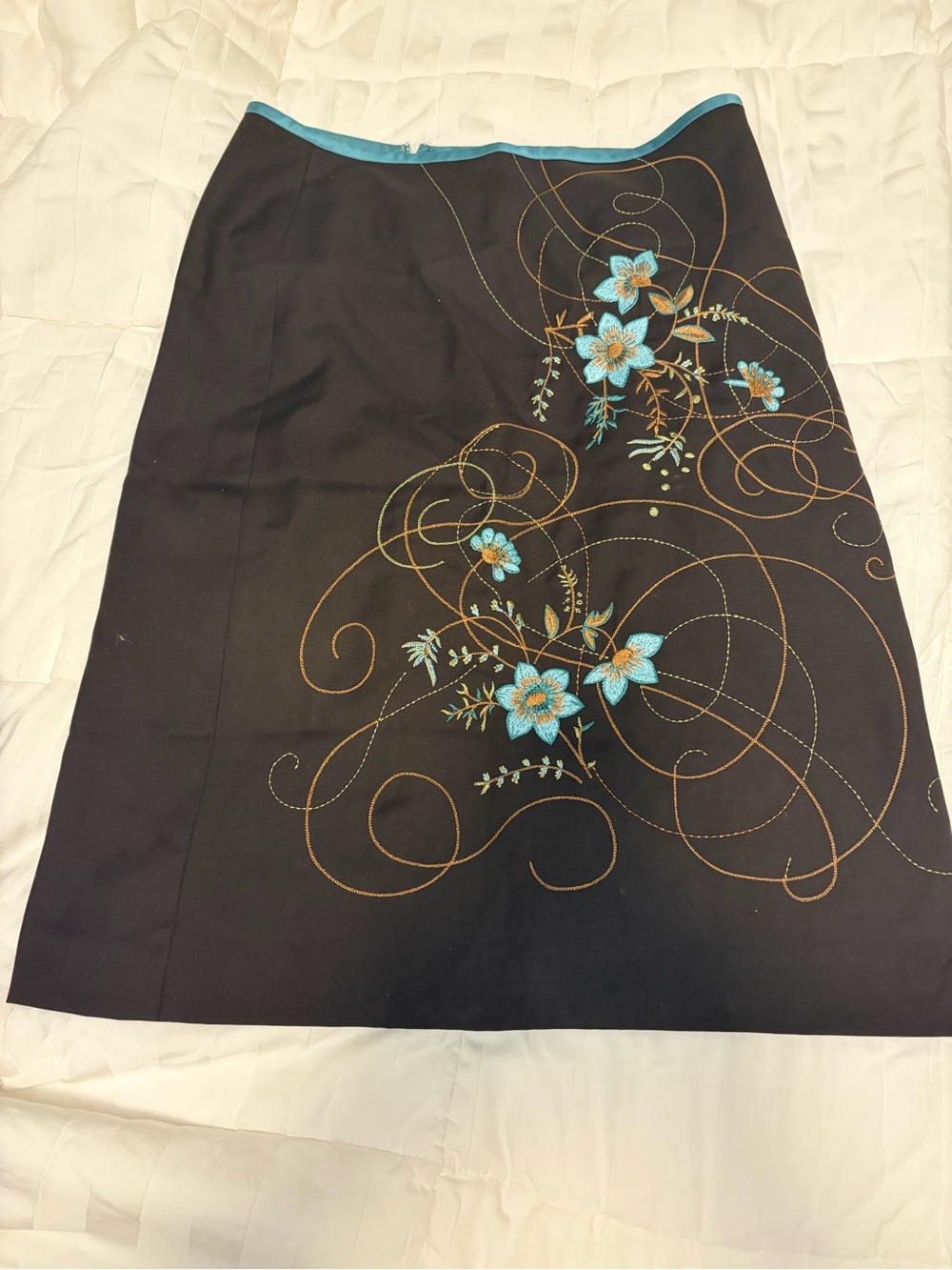 Brown Skirt with Turquoise Floral Embroidery